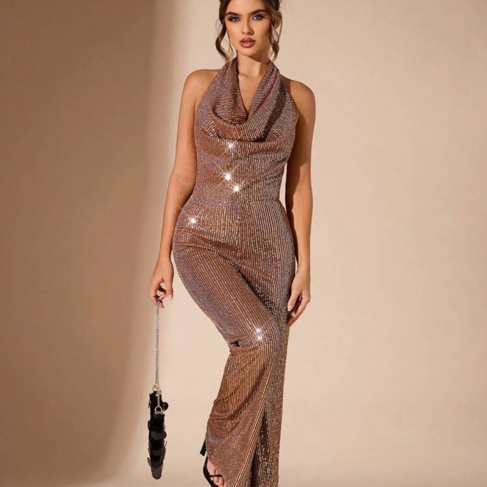 Autumn/Winter Solid Khaki Sparkling Sequin Sexy Minimalist Elegant Plunging Neck